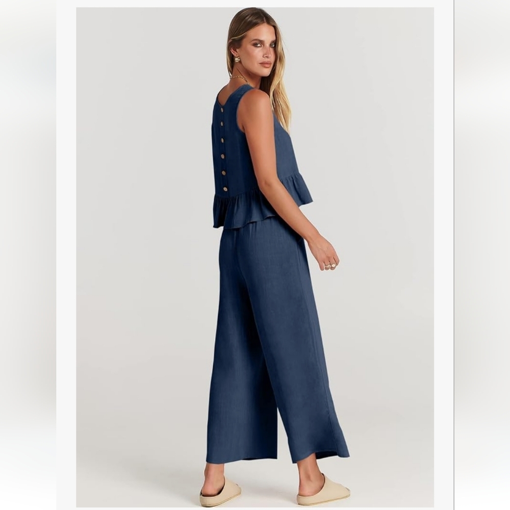 ANRABESS 2 Piece Outfits Sleeveless Tank Crop Top Wide Leg Pants, XXL, Deep Navy - Picture 3 of 9